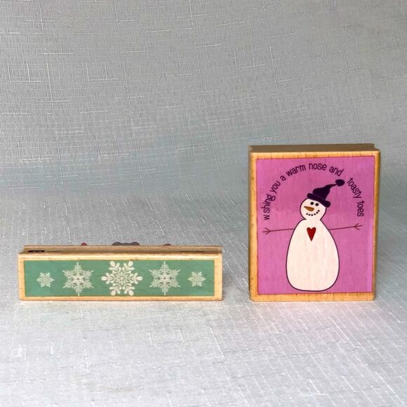 NWOT Snowman Snowflake Stamp Set 2 Wood Mount Winter Scrapbooking Card Crafting - Picture 1 of 7